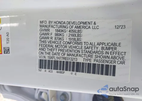 2024 Honda Civic Ex-L from USA, damaged, VIN 19XFL1H77RE013213
